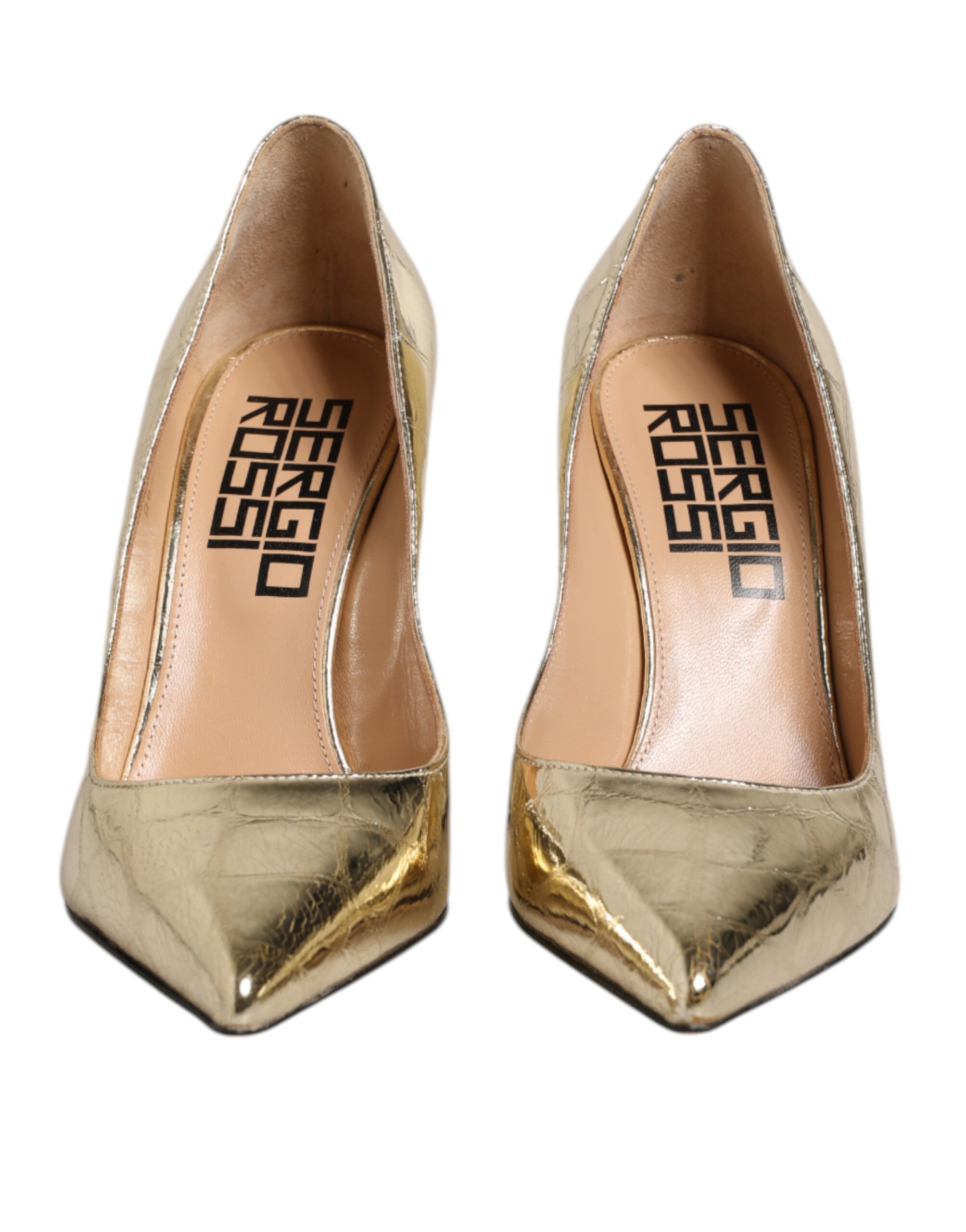 Sergio Rossi Gold Leather Pointed Toe Block Heels Shoes - Image 2