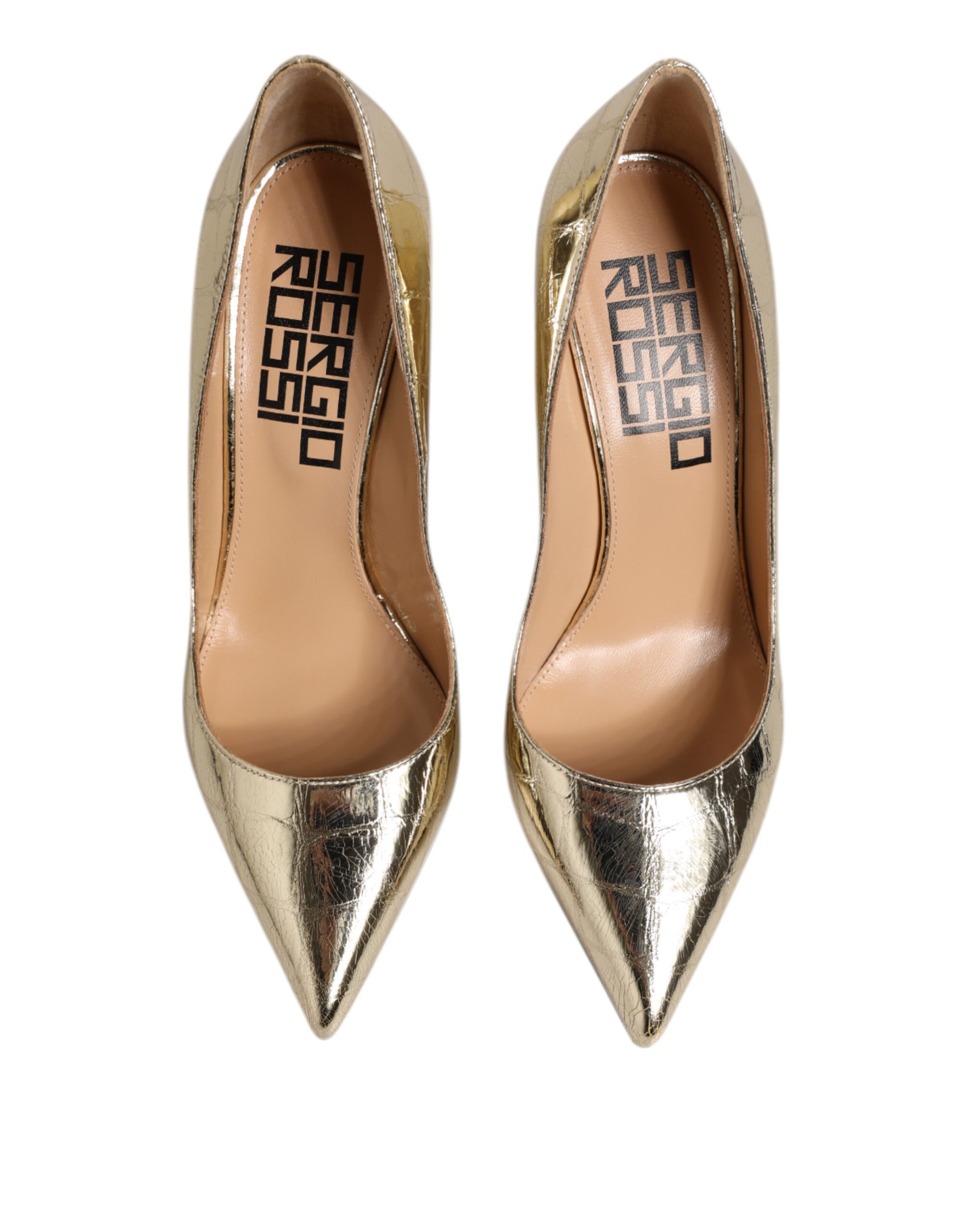 Sergio Rossi Gold Leather Pointed Toe Block Heels Shoes - Image 3