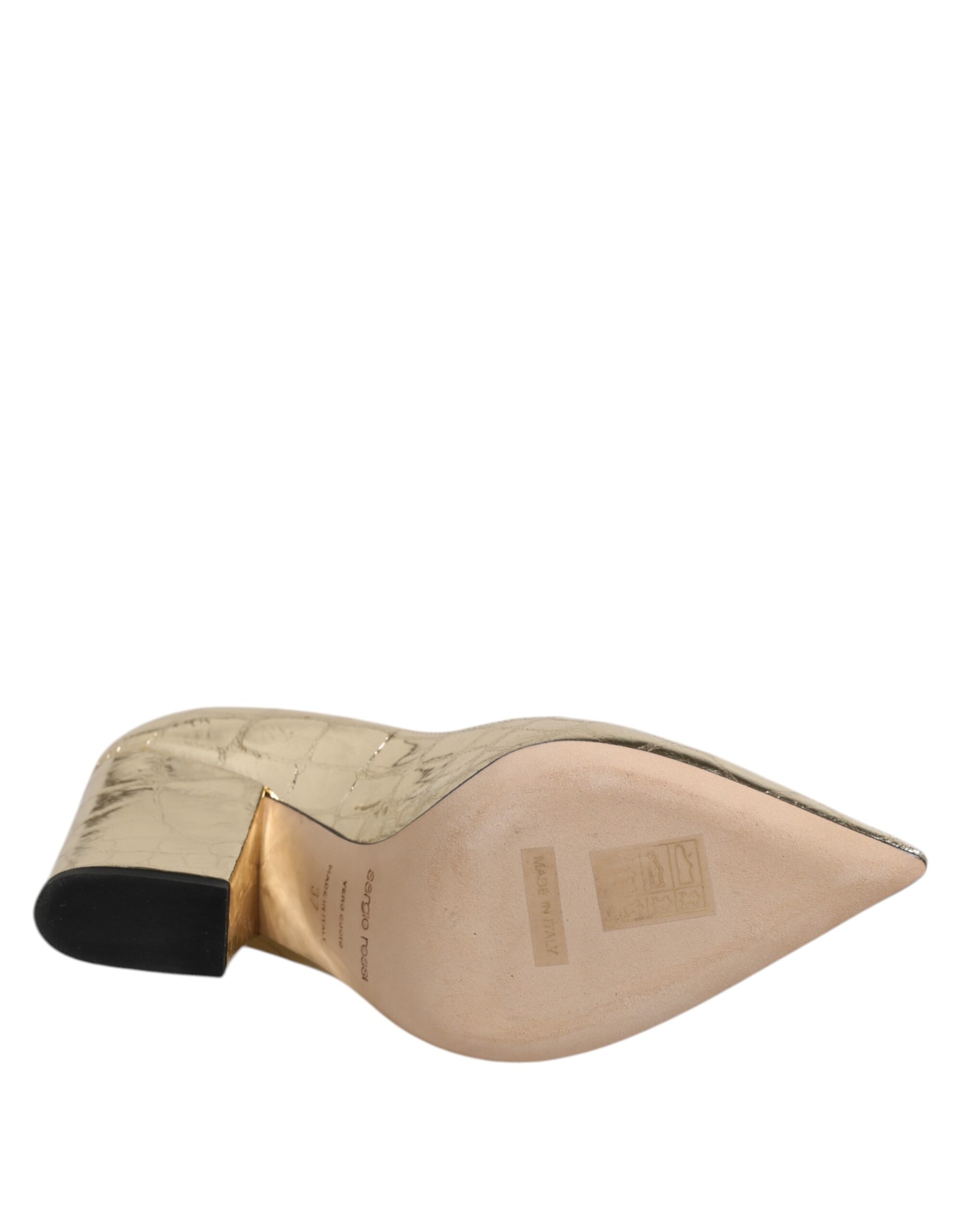 Sergio Rossi Gold Leather Pointed Toe Block Heels Shoes - Image 8