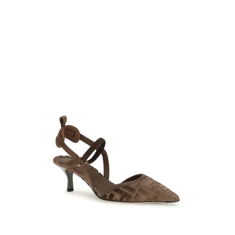 Fendi Brown Fabric Mid Heel Pumps - Image 2