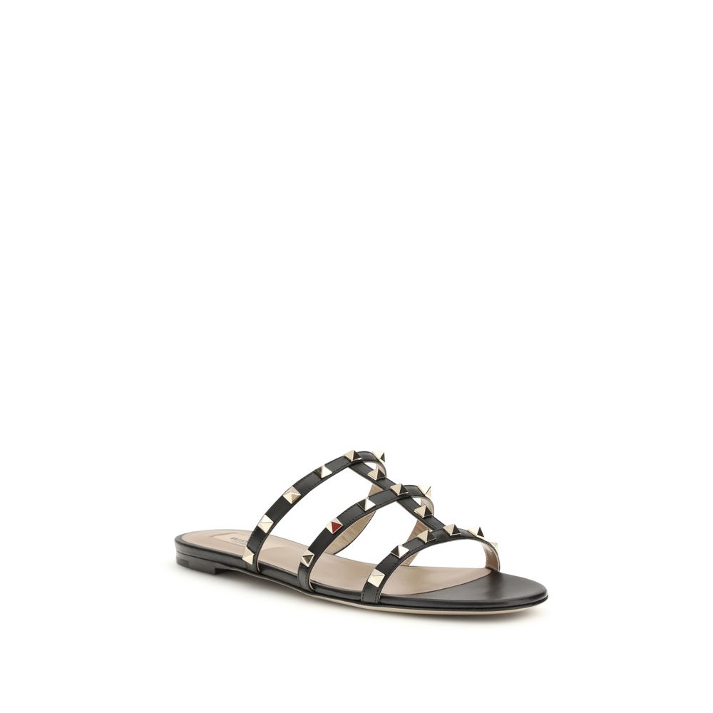 Valentino Garavani Black Calf Leather Bos Taurus Flat Sandals - Image 2