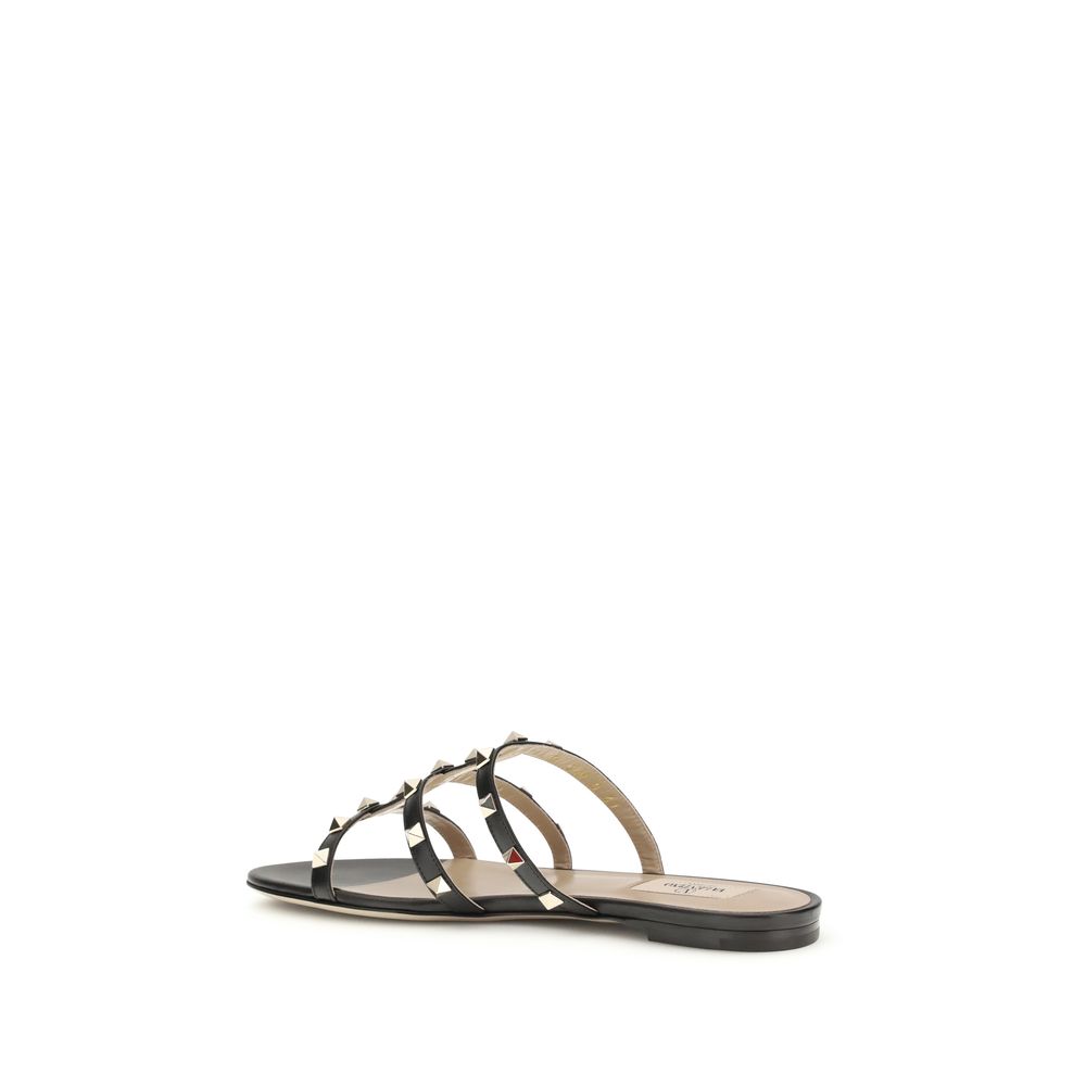 Valentino Garavani Black Calf Leather Bos Taurus Flat Sandals - Image 3