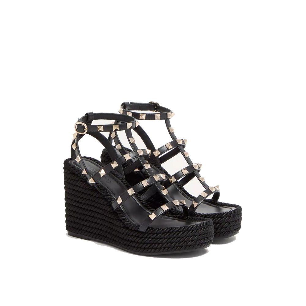 Valentino Garavani Black Calfskin Wedge Sandals - Image 2