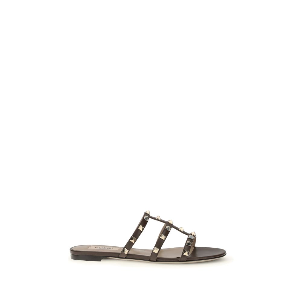 Valentino Garavani Brown Calf Leather Bos Taurus Flat Sandals